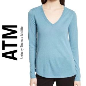 ATM 100% Cashmere V-Neck Raw Edge Sweater in French Blue